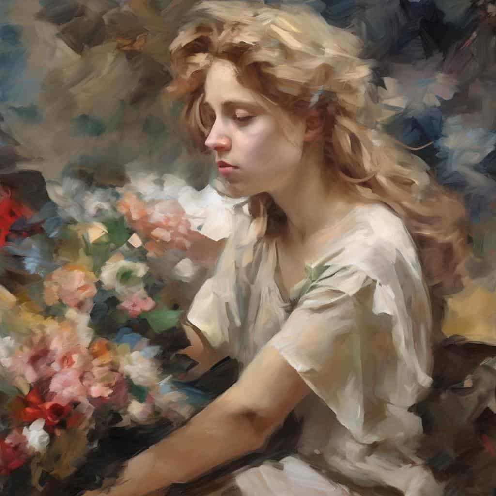 Ομορφη νέα γυναίκα με ξανθά μαλλιά σε κοντινό πορτρέτο, με ρεαλιστική και μοντέρνα τέχνη.